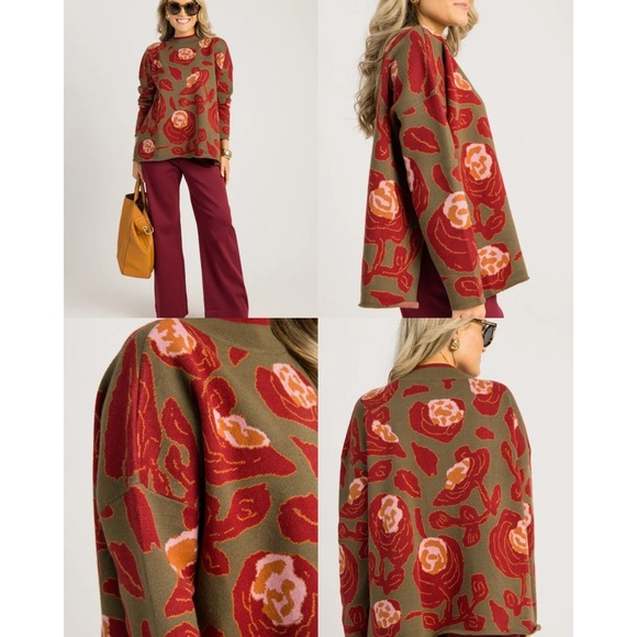 JODIFL Sweaters - JODIFL Sweater Womens S Olive Green Red Floral Rose Mock Neck Slit Hem Oversized